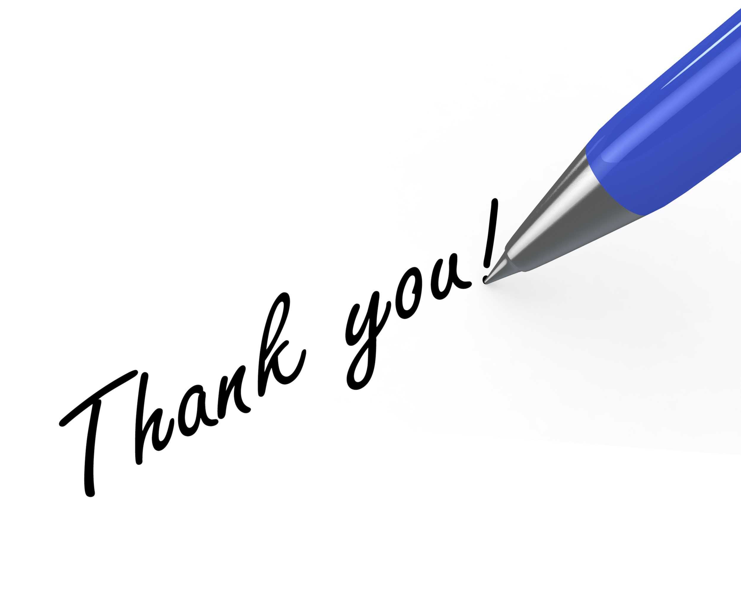0914 Thank You Note With Blue Pen On White Background Stock For Powerpoint Thank You Card Template