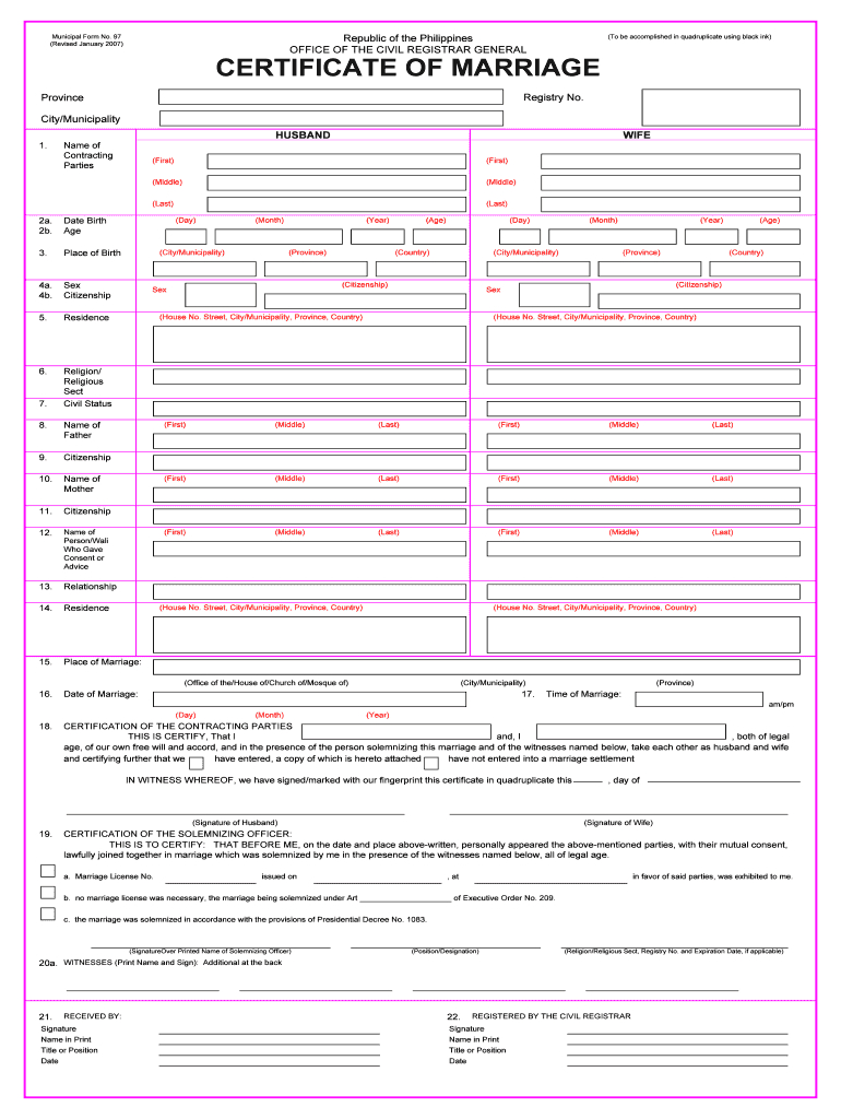 2007 2020 Ph Municipal Form No. 97 Fill Online, Printable Within Blank Marriage Certificate Template