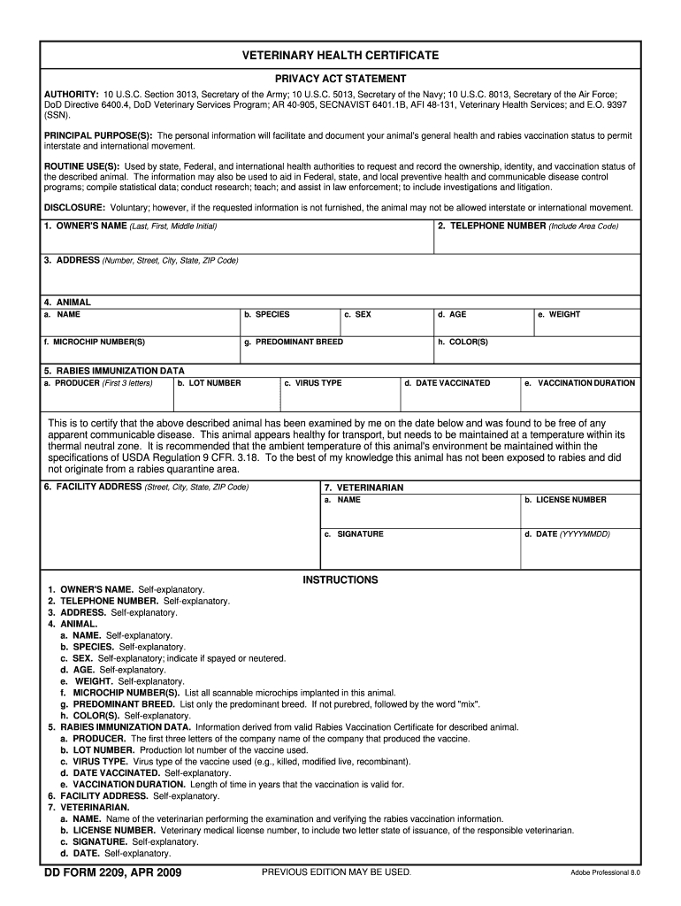 2009 2020 Form Dd 2209 Fill Online, Printable, Fillable Within Rabies Vaccine Certificate Template