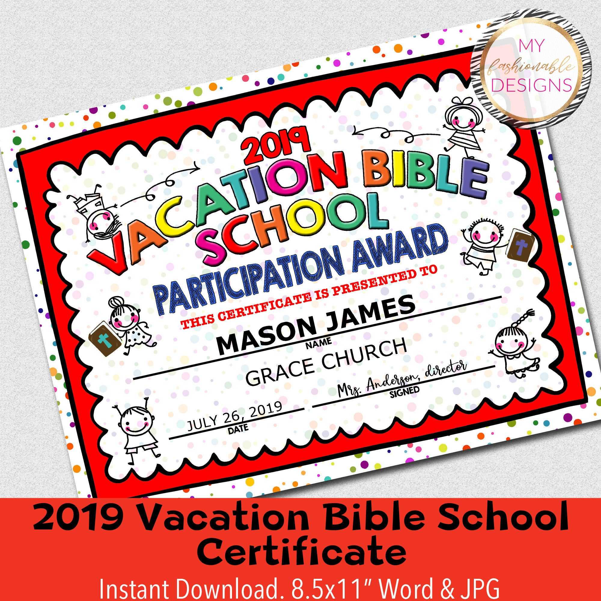 2019 Vbs Certificate, Vacation Bible School, Instant Download – 8.5X11"  Word And Jpg Pertaining To Vbs Certificate Template