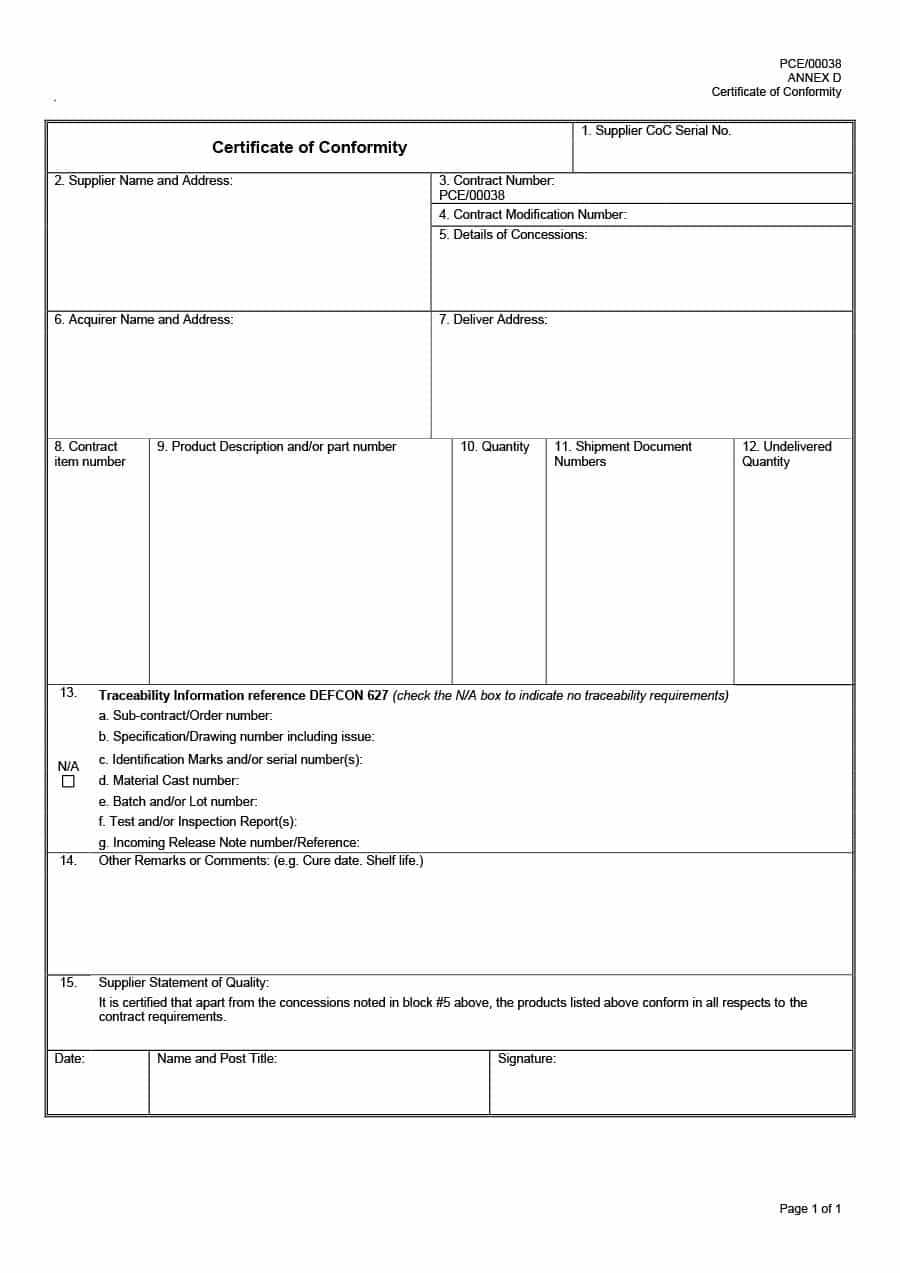 40 Free Certificate Of Conformance Templates & Forms ᐅ Intended For Certificate Of Origin For A Vehicle Template