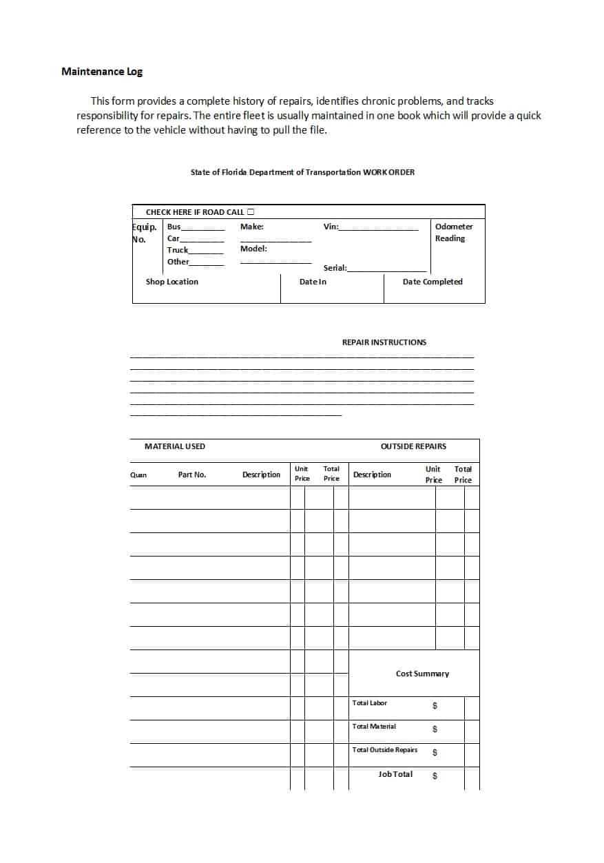 40 Printable Vehicle Maintenance Log Templates ᐅ Template Lab In Mechanics Job Card Template