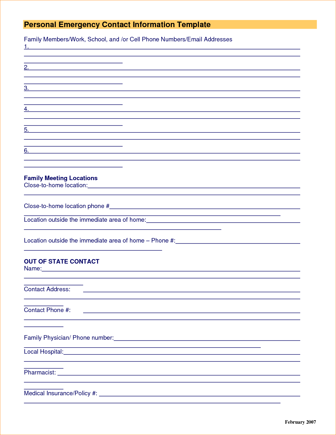 6+ Emergency Contact Template | Outline Templates Inside Emergency Contact Card Template
