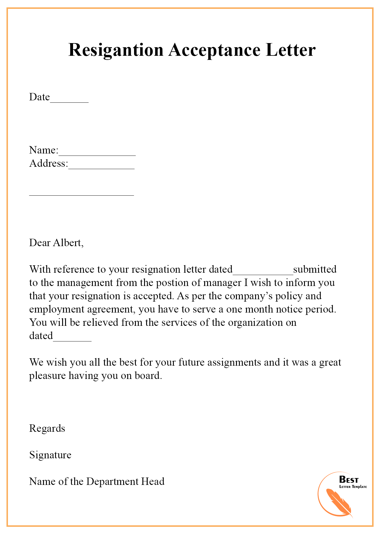 9+ Resignation Acceptance Letter Template [Examples For Certificate Of ...