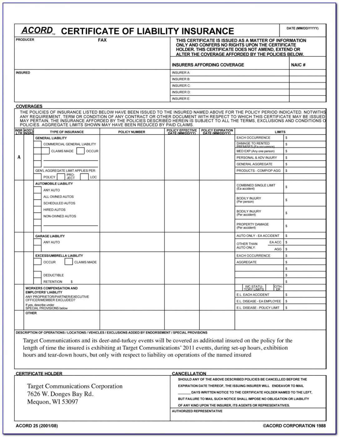 Accord Certificate Of Liability Insurance Form Throughout Acord Insurance Certificate Template