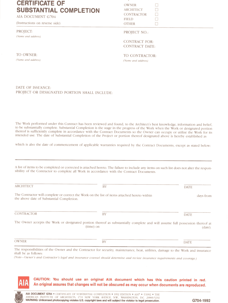 Aia G704 - Fill Online, Printable, Fillable, Blank | Pdffiller With Regard To Certificate Of Substantial Completion Template