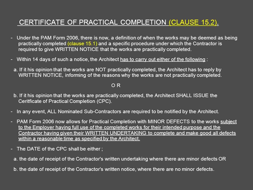 Architect's Certification Under The Pam Contract 2006 Intended For Jct Practical Completion Certificate Template
