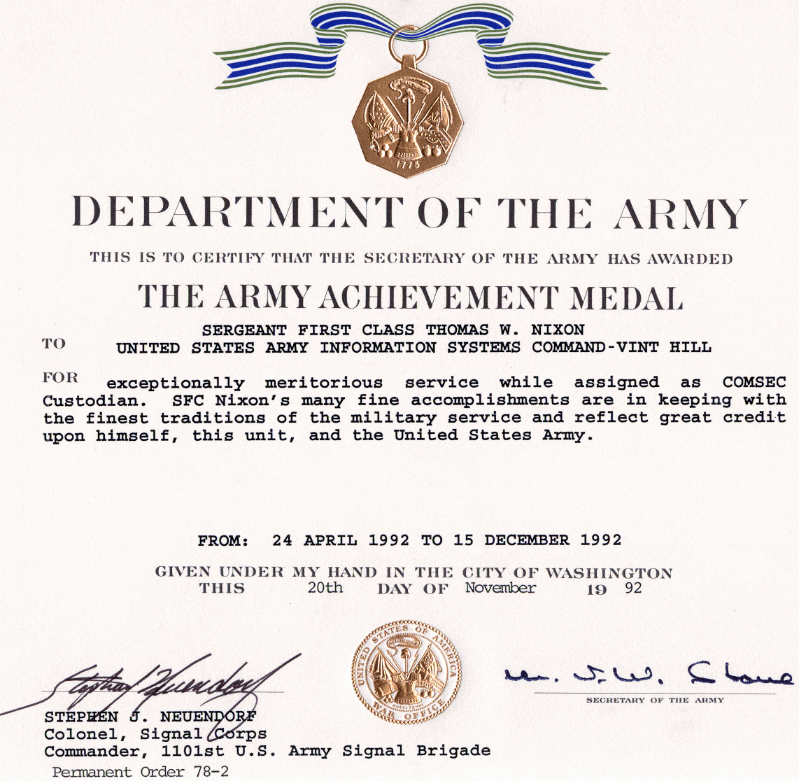 Army Achievement Medal With Certificate Of Achievement Army Template