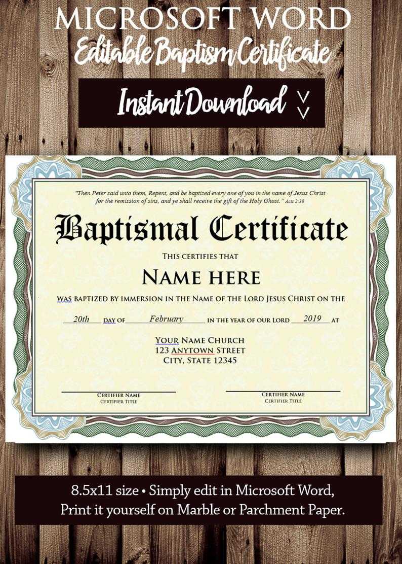 Baptism Certificate Template – Microsoft Word Editable File – Printable  Certificate Template – Instant Download Intended For Baptism Certificate Template Download