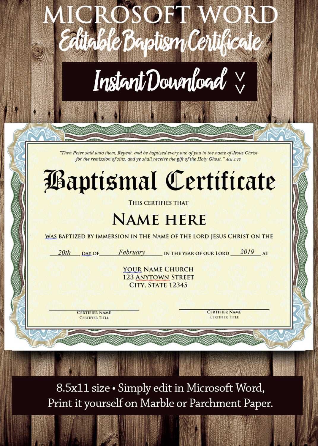 Baptism Certificate Template – Microsoft Word Editable File – Printable  Certificate Template – Instant Download Intended For Christian Baptism Certificate Template