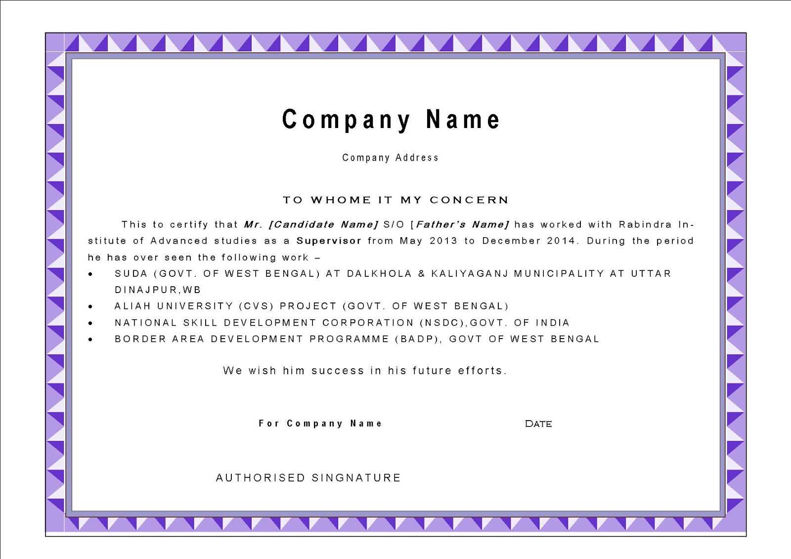 Best Work Experience Certificate Letter Template With Purple With Certificate Of Experience Template