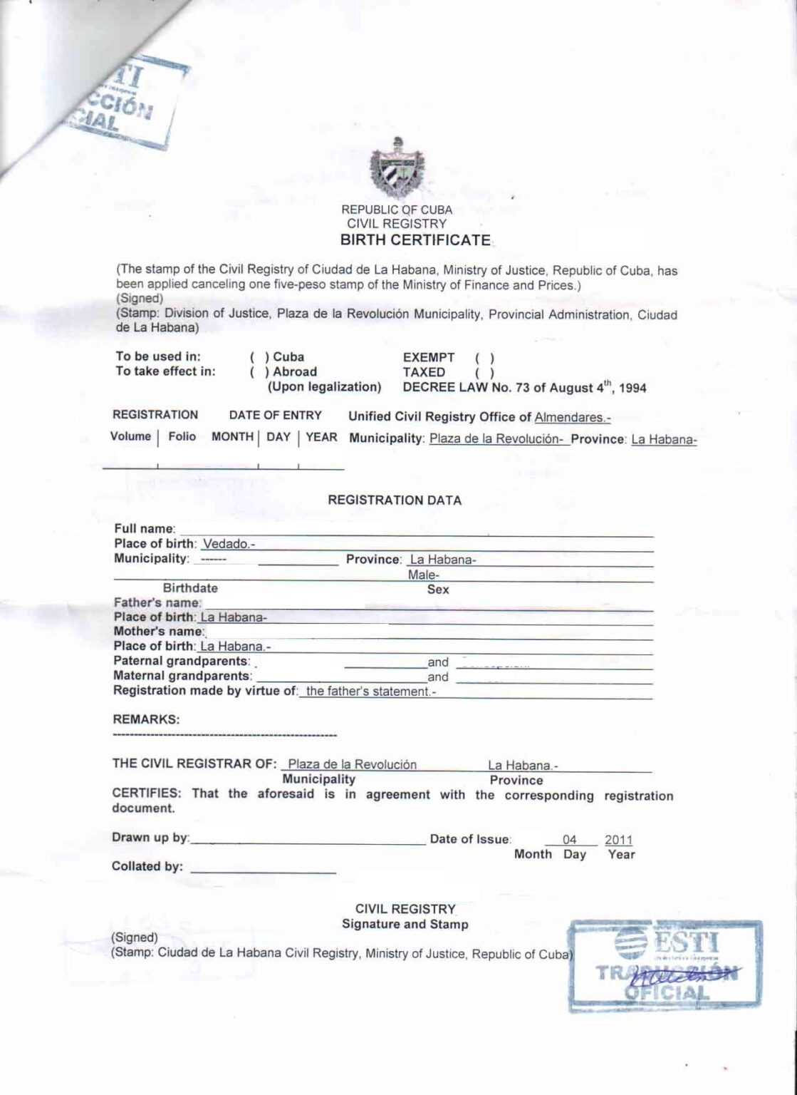 Birth Certificate Cuba English Translation Sample | Diigo Groups with
