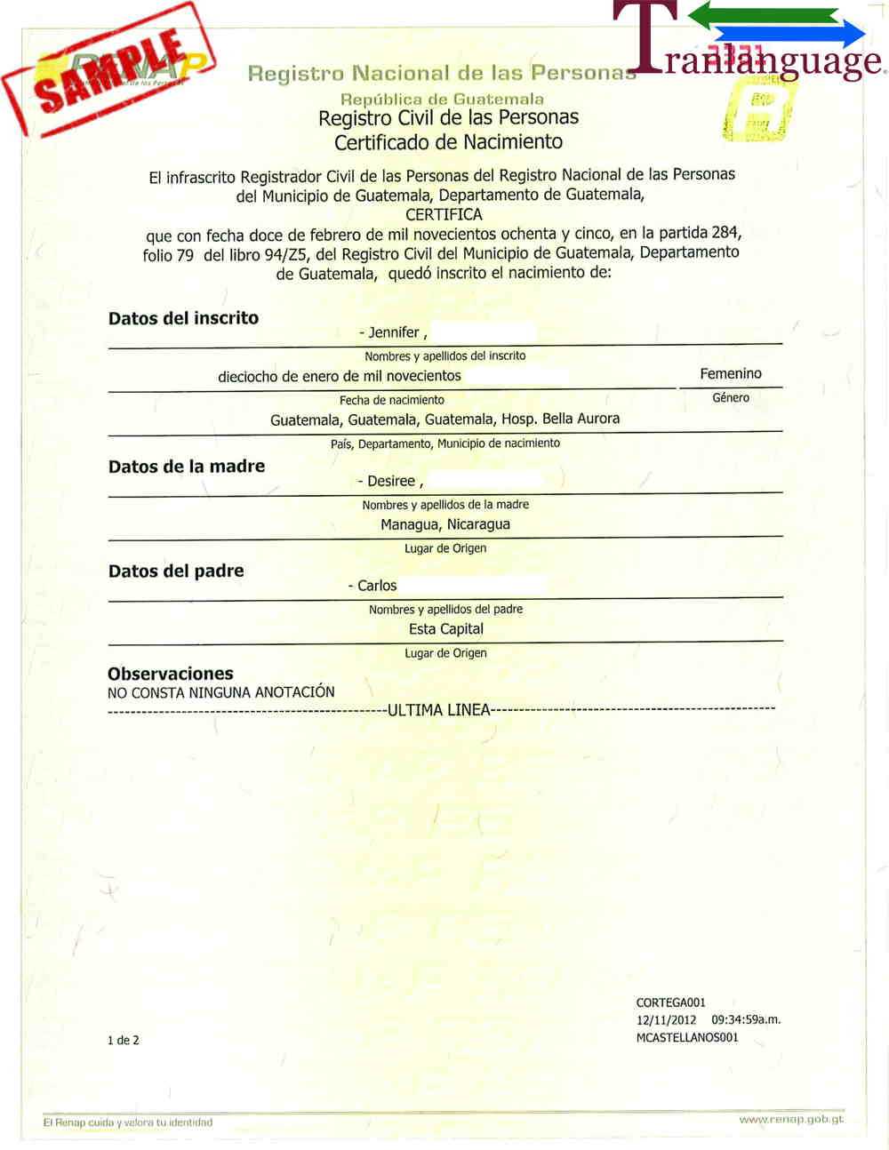 Birth Certificate Guatemala With Birth Certificate Translation Template Uscis