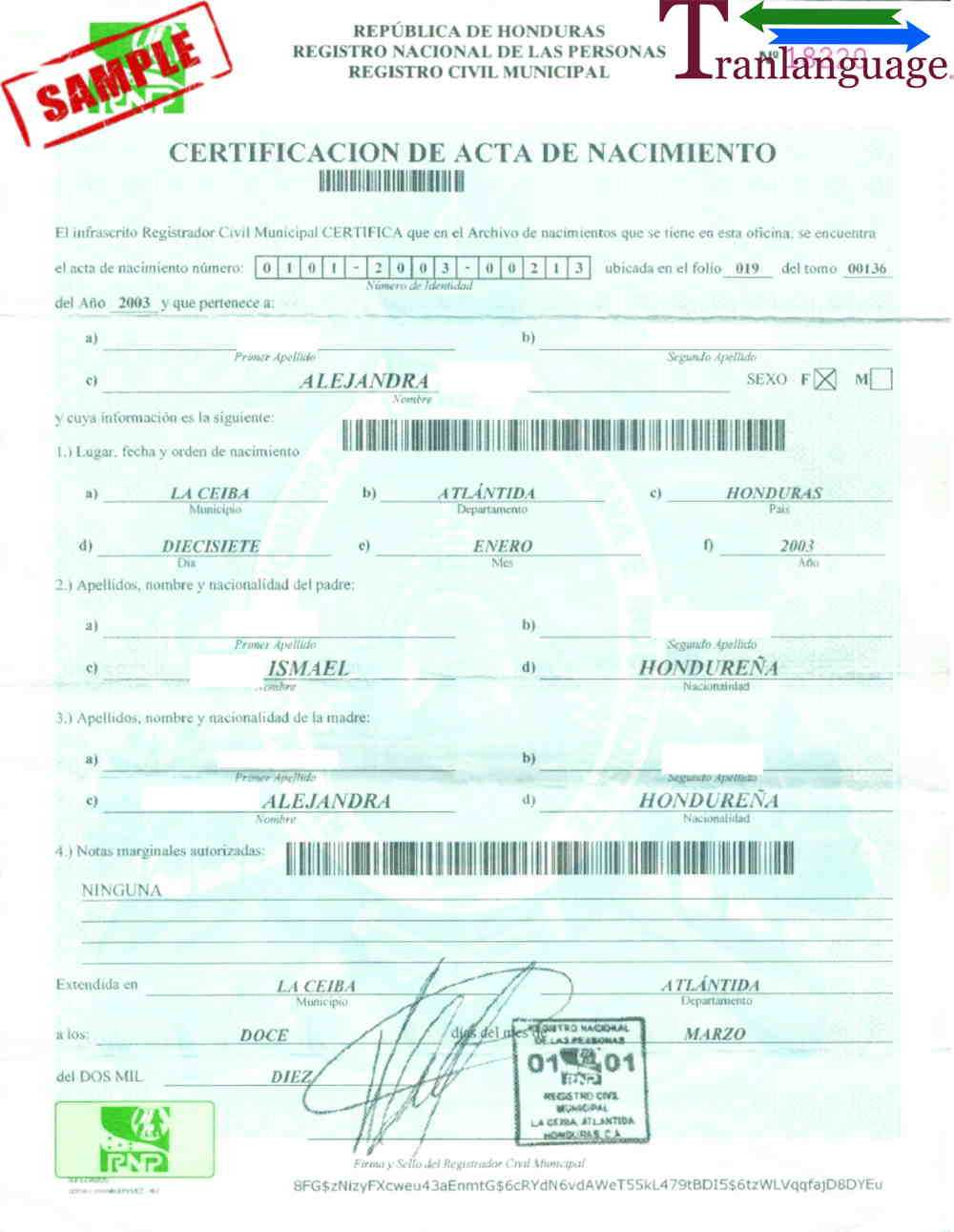 Birth Certificate Honduras For Spanish To English Birth Certificate Translation Template