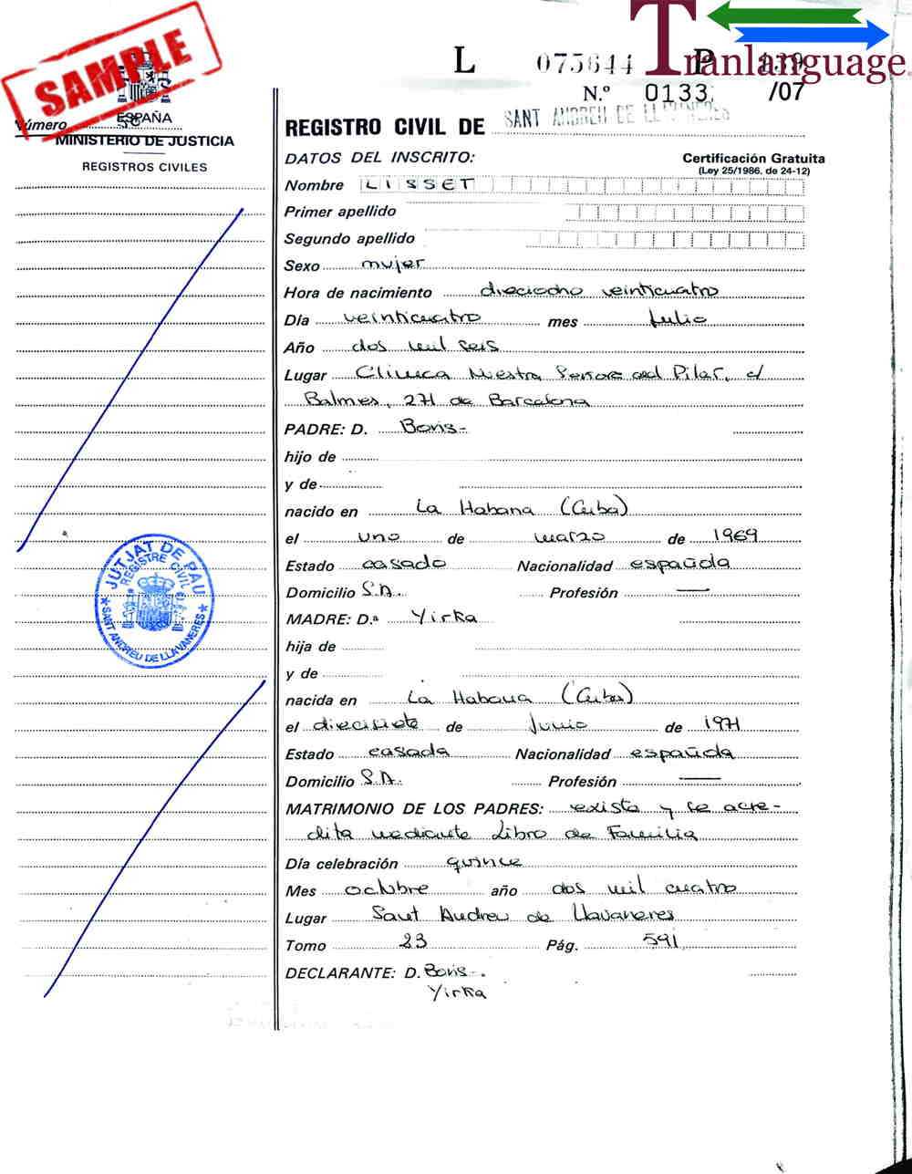 Birth Certificate Spain For Birth Certificate Translation Template English To Spanish