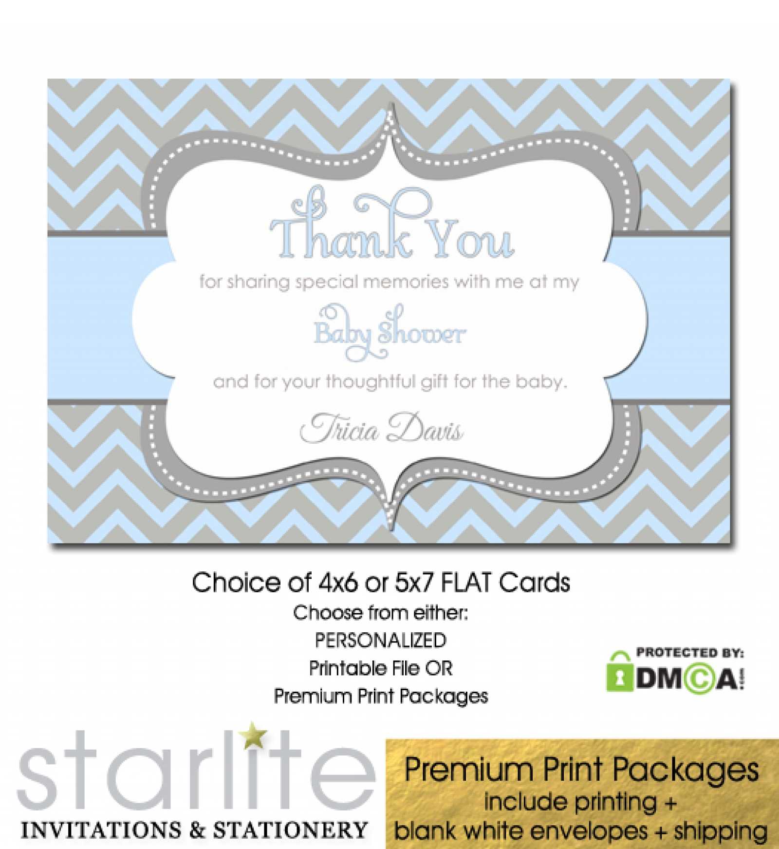 Boy Baby Shower Thank You Card Blue Grey Chevron Throughout Template For Baby Shower Thank You Cards