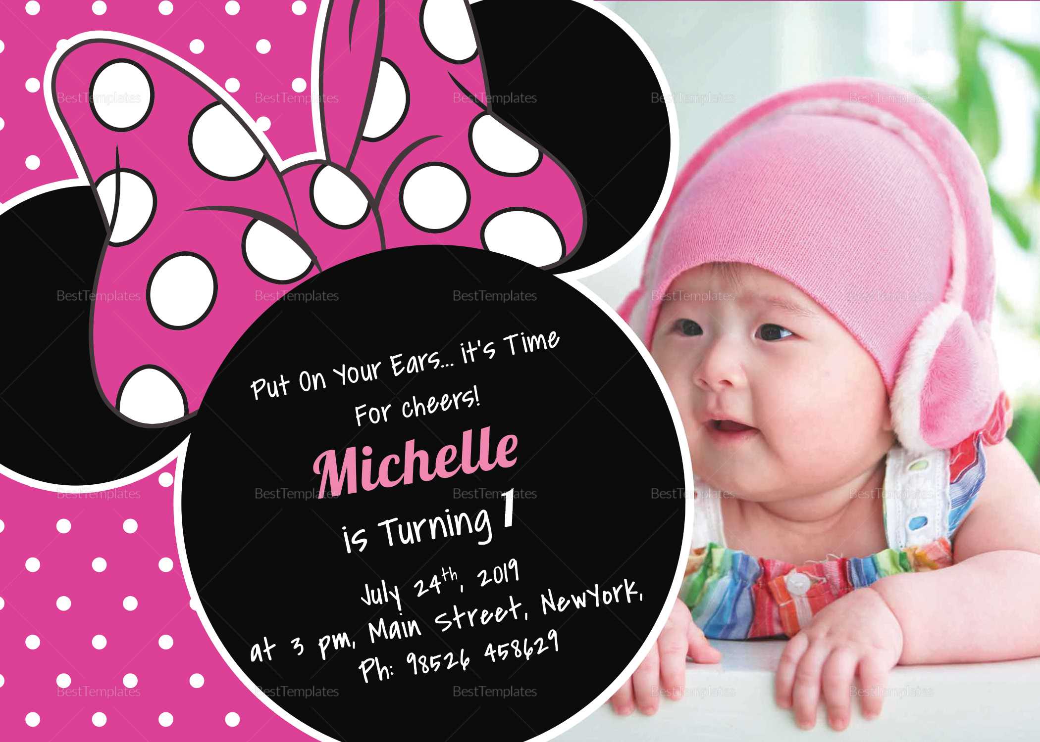 Bright Minnie Mouse Birthday Invitation Card Template Pertaining To Minnie Mouse Card Templates