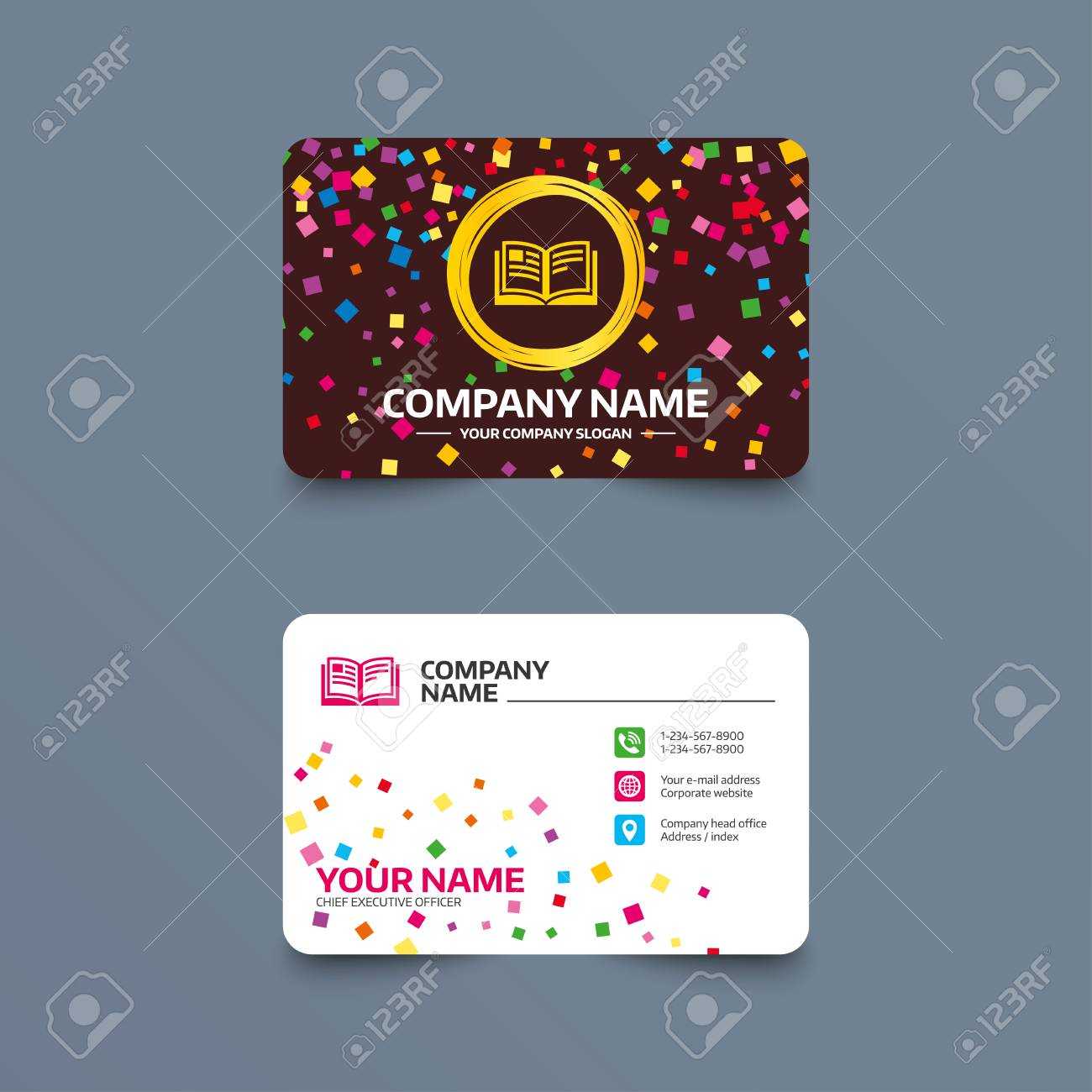 Business Card Template With Confetti Pieces. Book Sign Icon In Open Office Index Card Template