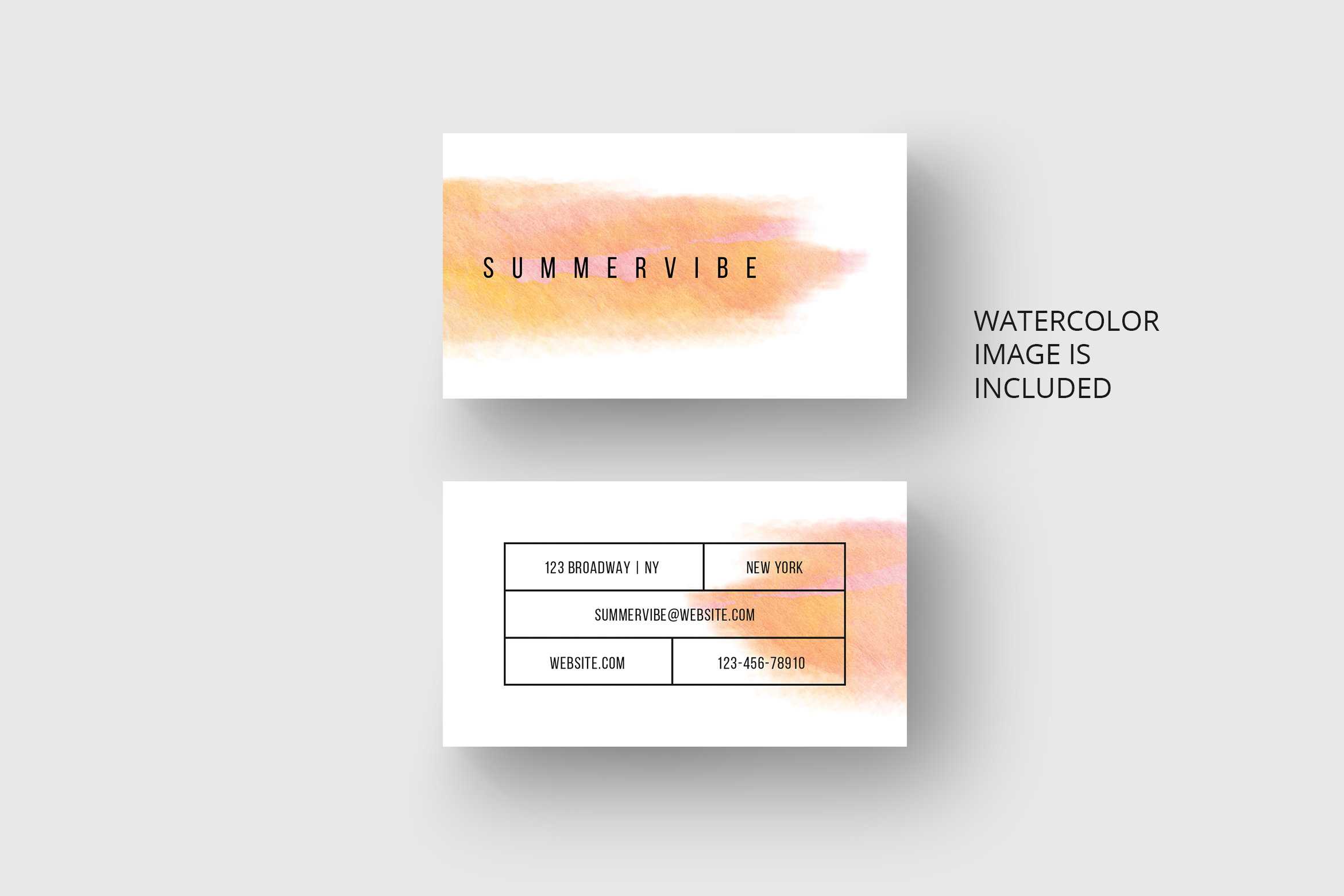 Business Card Template With Orange Watercolor * Eu & Us Size * Photoshop Regarding Business Card Template Size Photoshop
