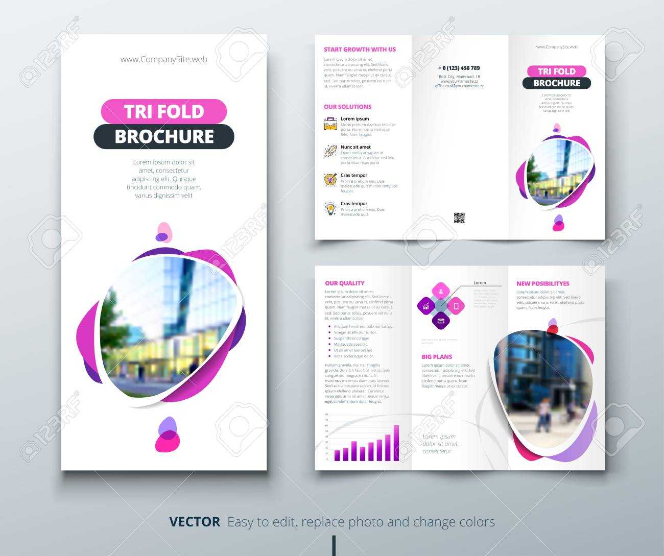 Business Tri Fold Brochure Design. Pink, Purple Template For.. Inside Brochure 4 Fold Template