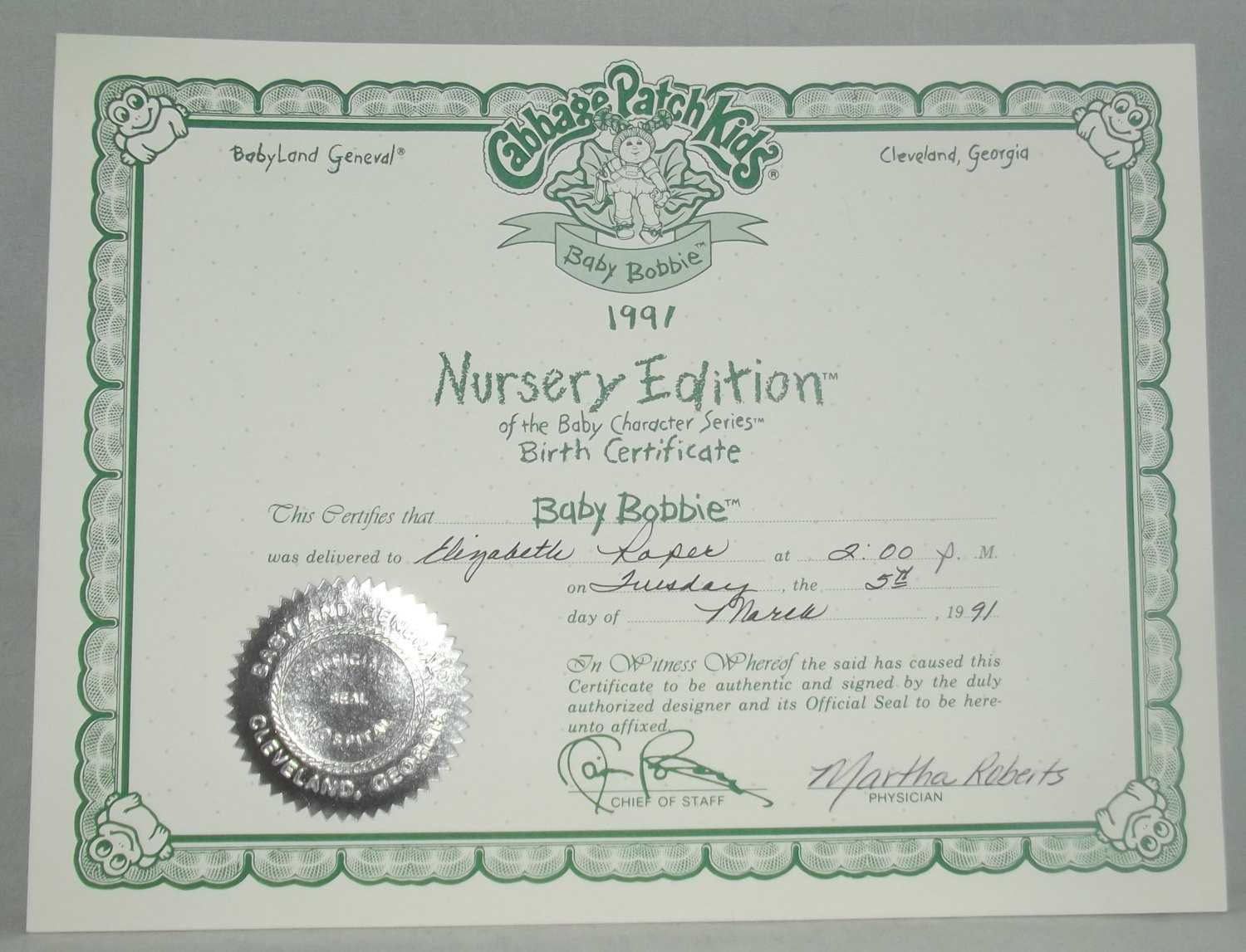 Cabbage Patch Kid Birth Certificate Printable Archives For Baby Doll