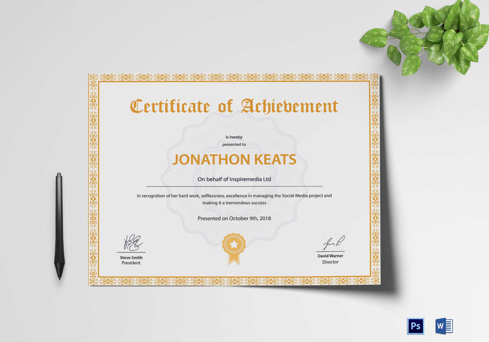 Certificate Of Achievement Template Within Word Certificate Of Achievement Template