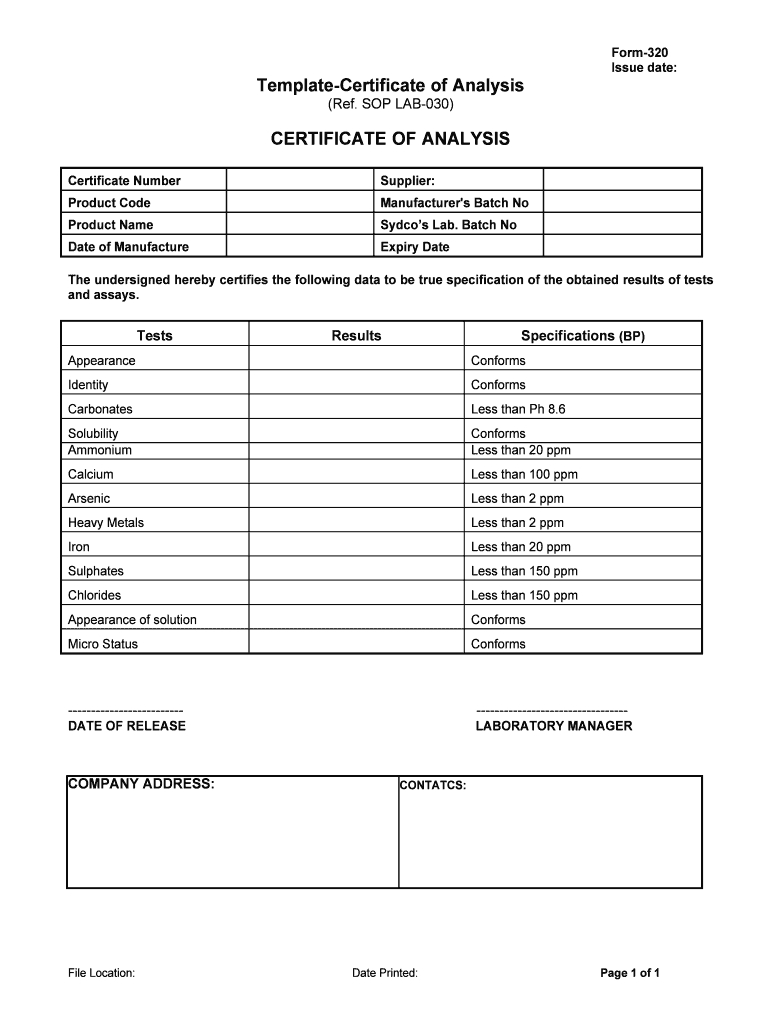 Certificate Of Analysis Template – Fill Online, Printable Pertaining To Certificate Of Analysis Template