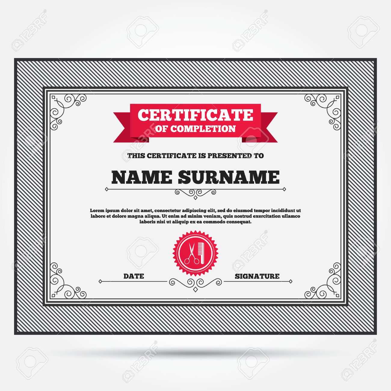 Certificate Of Completion. Comb Hair With Scissors Sign Icon In Certificate Of License Template