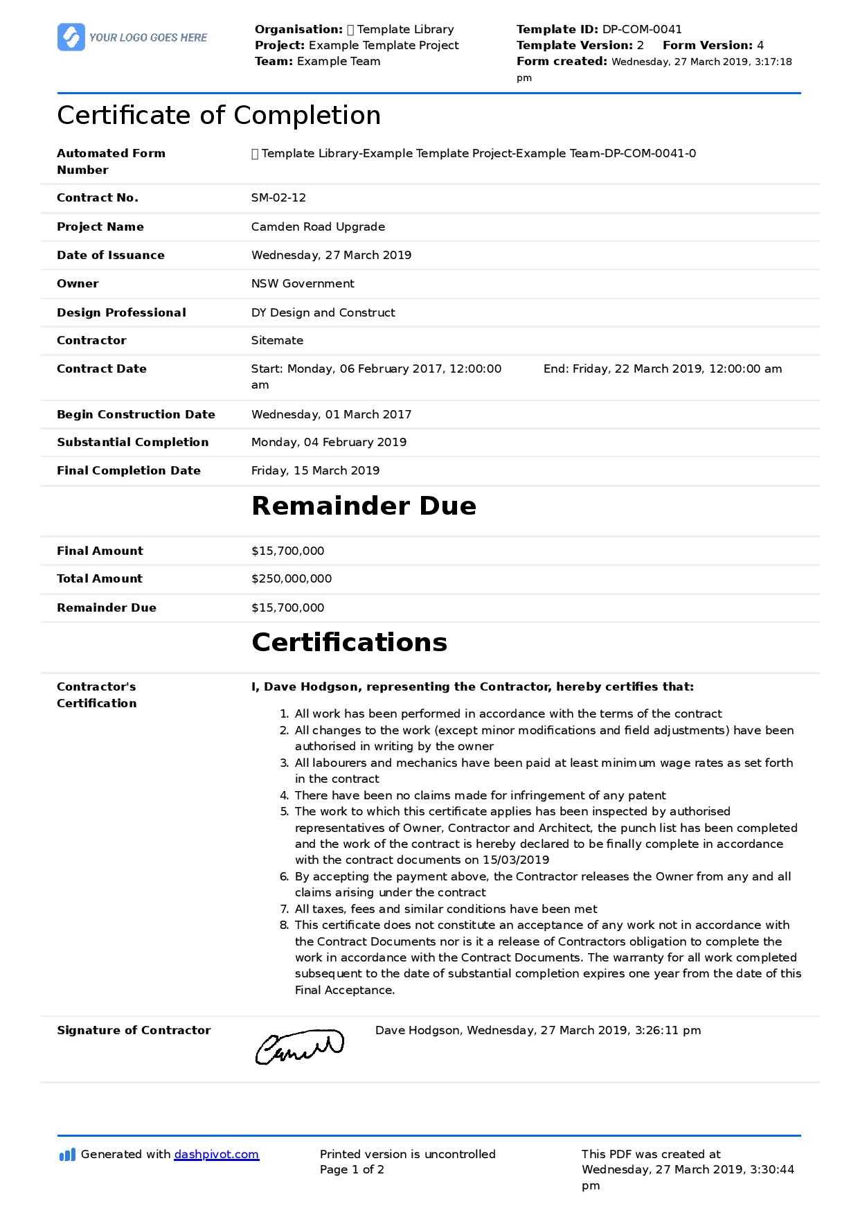 Certificate Of Completion For Construction (Free Template + Intended For Certificate Of Completion Construction Templates