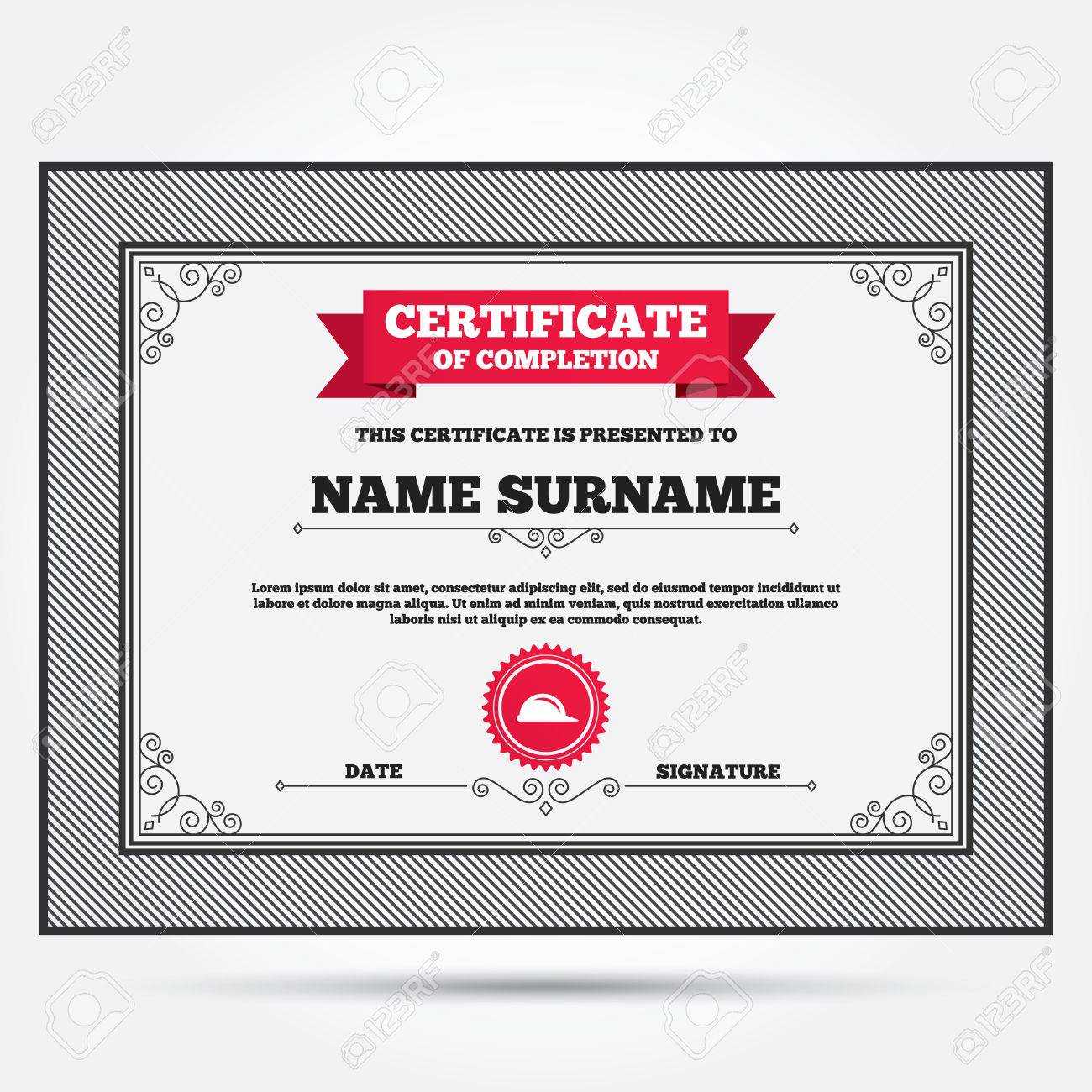 Certificate Of Completion. Hard Hat Sign Icon. Construction Helmet.. Pertaining To Certificate Of Completion Template Construction