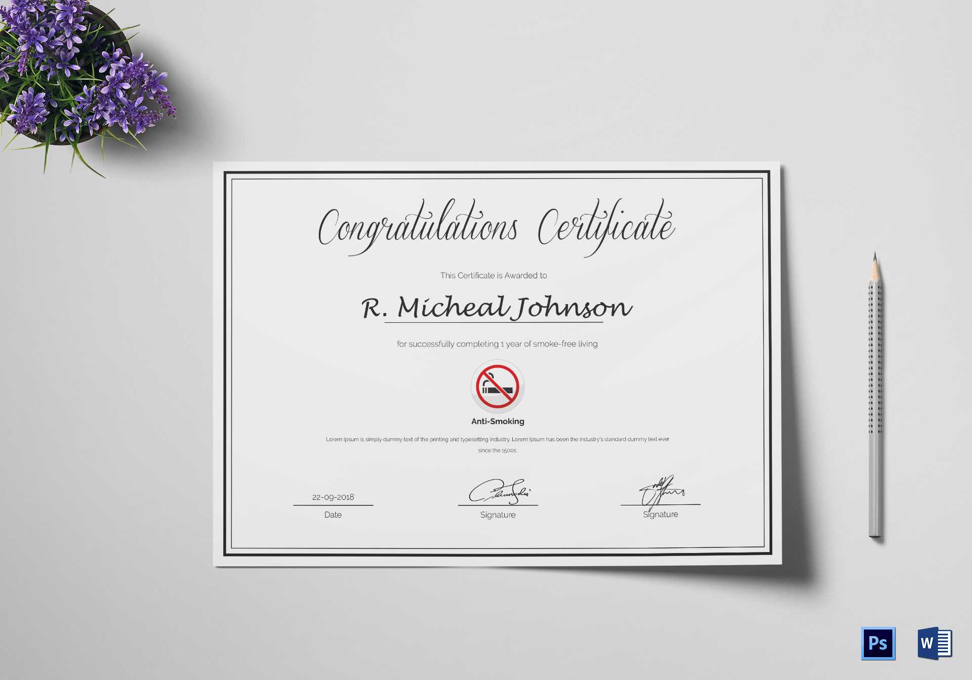 Certificate Of Congratulations For Quitting Smoking Template Regarding Congratulations Certificate Word Template