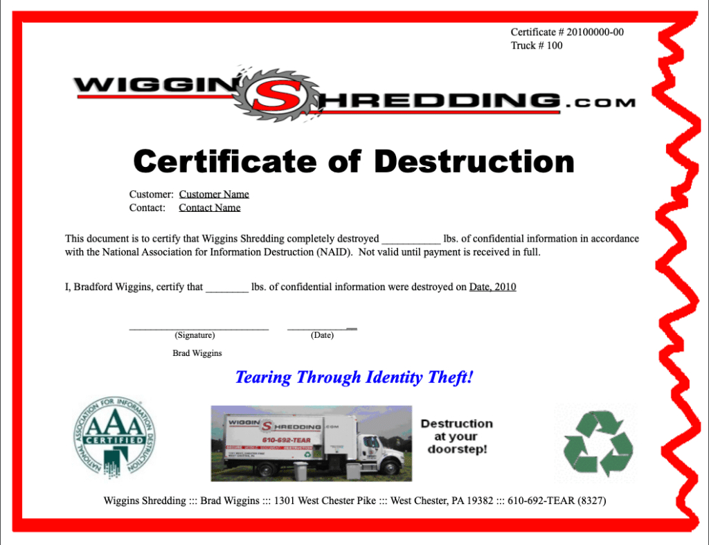 Certificate Of Destruction With Regard To Certificate Of Destruction Template
