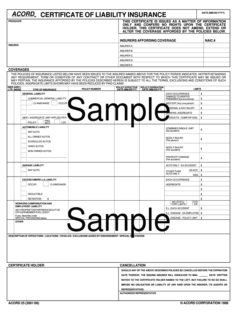 Certificate Of Insurance Template – Fill Online, Printable Pertaining To Certificate Of Liability Insurance Template