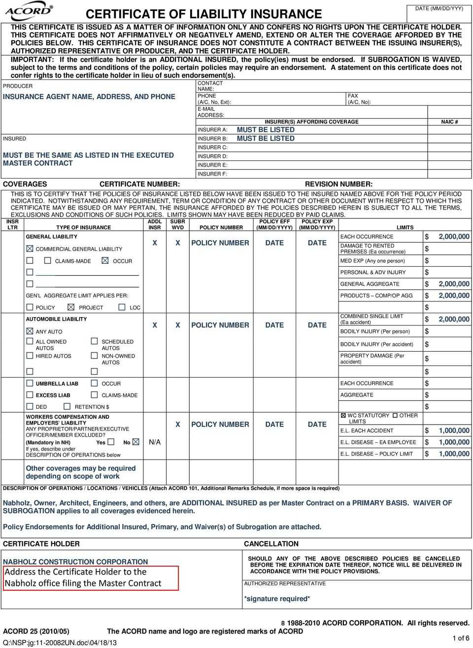 Certificate Of Liability Insurance – Pdf Free Download Inside Acord Insurance Certificate Template