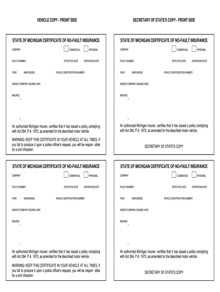 Certificate Of No Fault Insurance Michigan Fill Online Intended For
