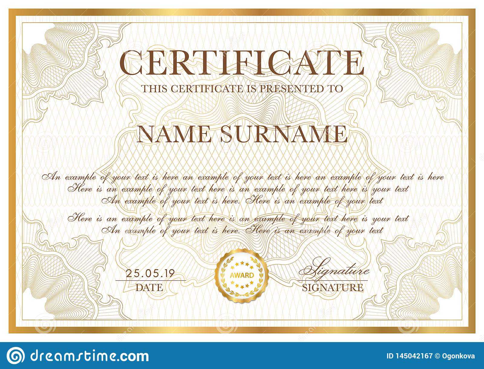 Certificate Template. Gold Border With Guilloche Pattern Regarding Certificate Of Authenticity Template