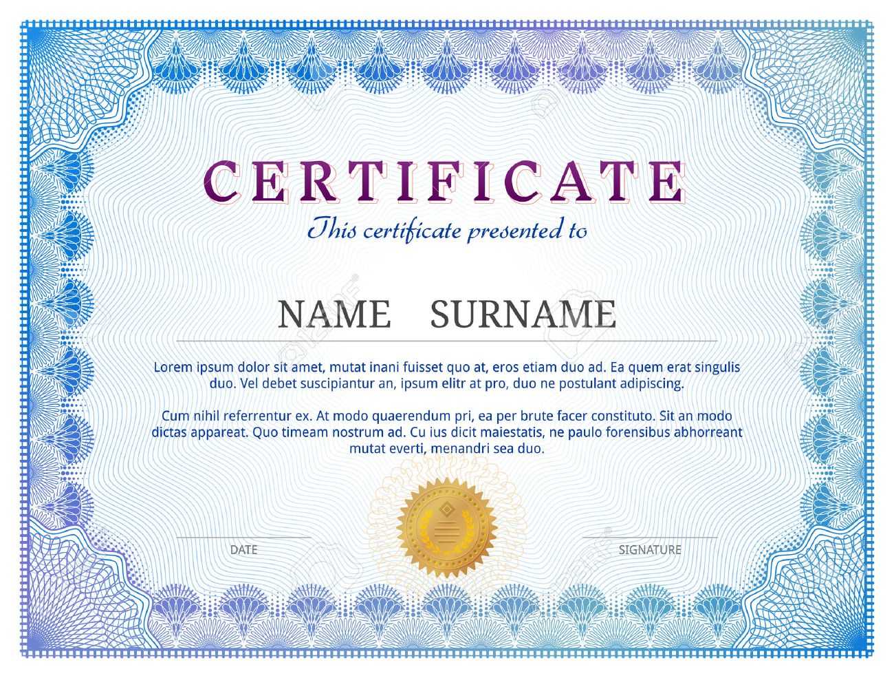 Certificate Template With Guilloche Elements. Blue Diploma Border.. Intended For Validation Certificate Template