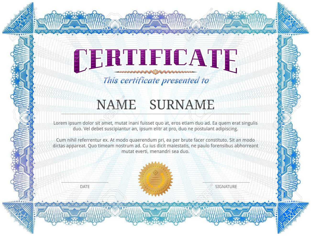 Certificate Template With Guilloche Elements. Blue Diploma Border.. Pertaining To Validation Certificate Template