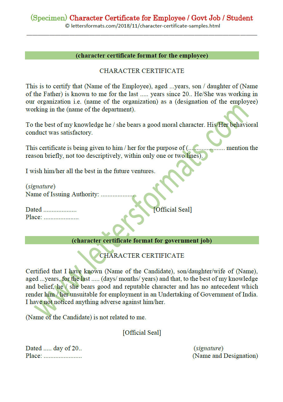 Character Certificate For Employee / Govt Job / Student (Sample) Intended For Good Conduct Certificate Template