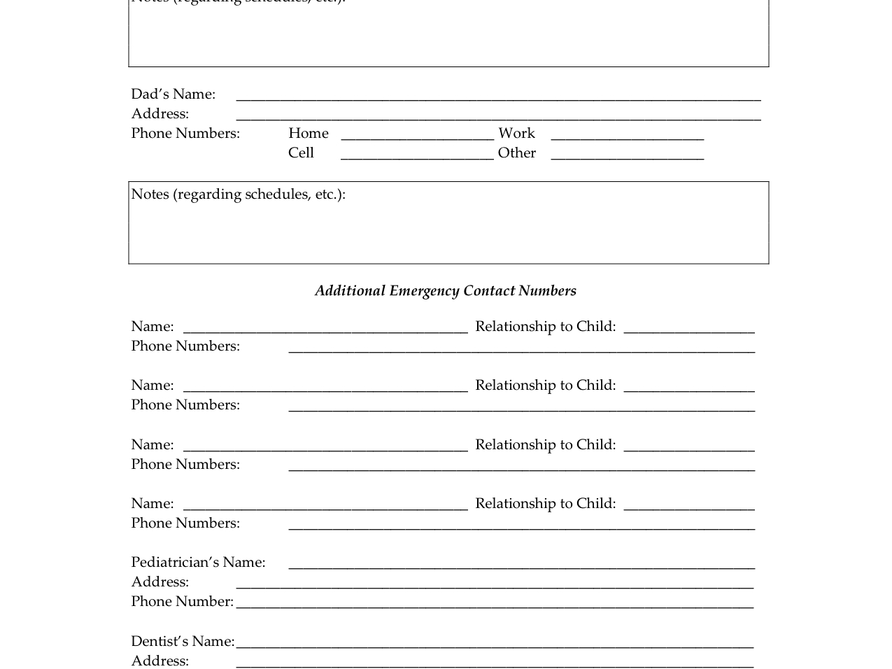 Child's Emergency Contact Form | Single Parent Families Throughout Emergency Contact Card Template