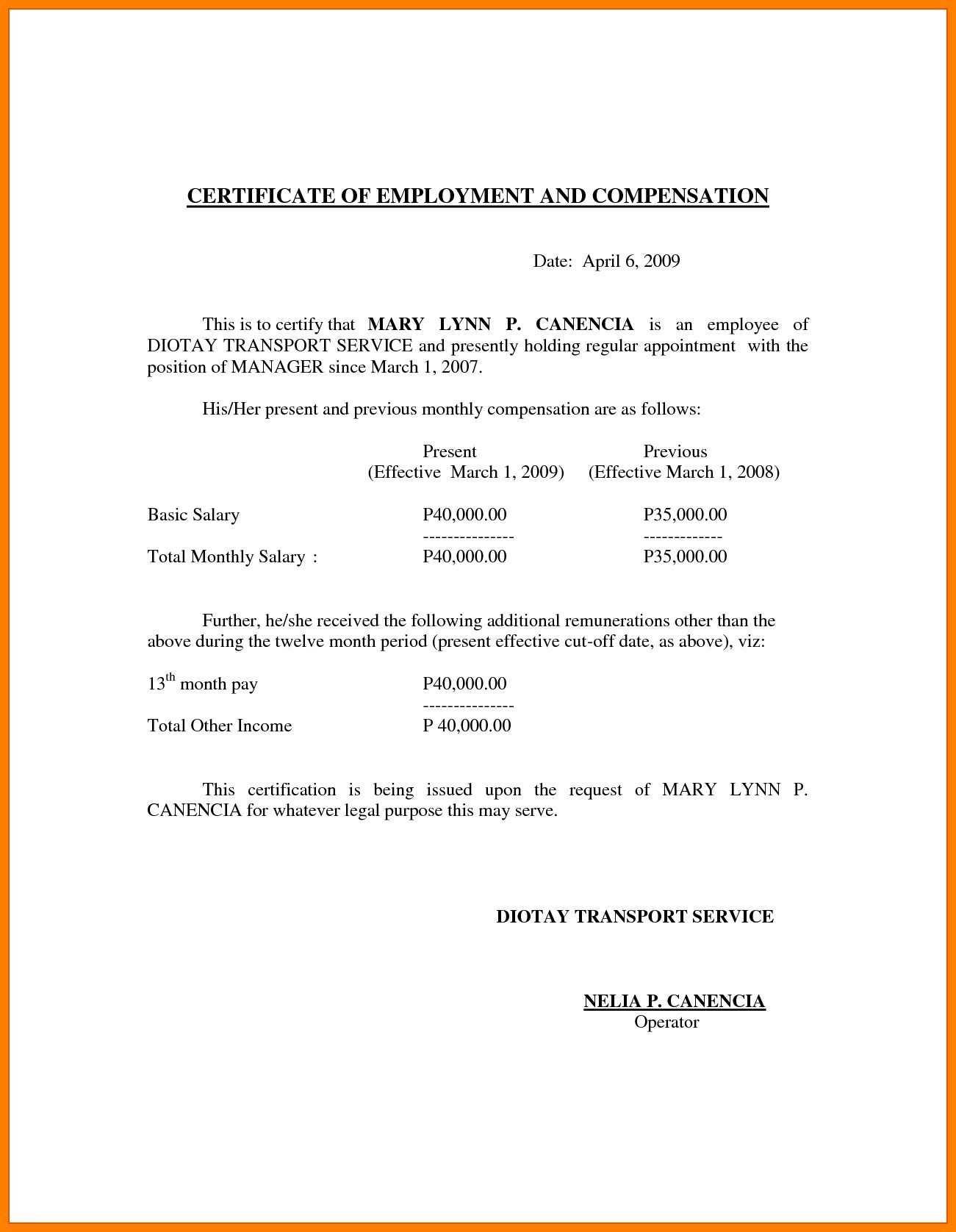 Coe With Compensation Sample – Milas.westernscandinavia In Sample Certificate Employment Template