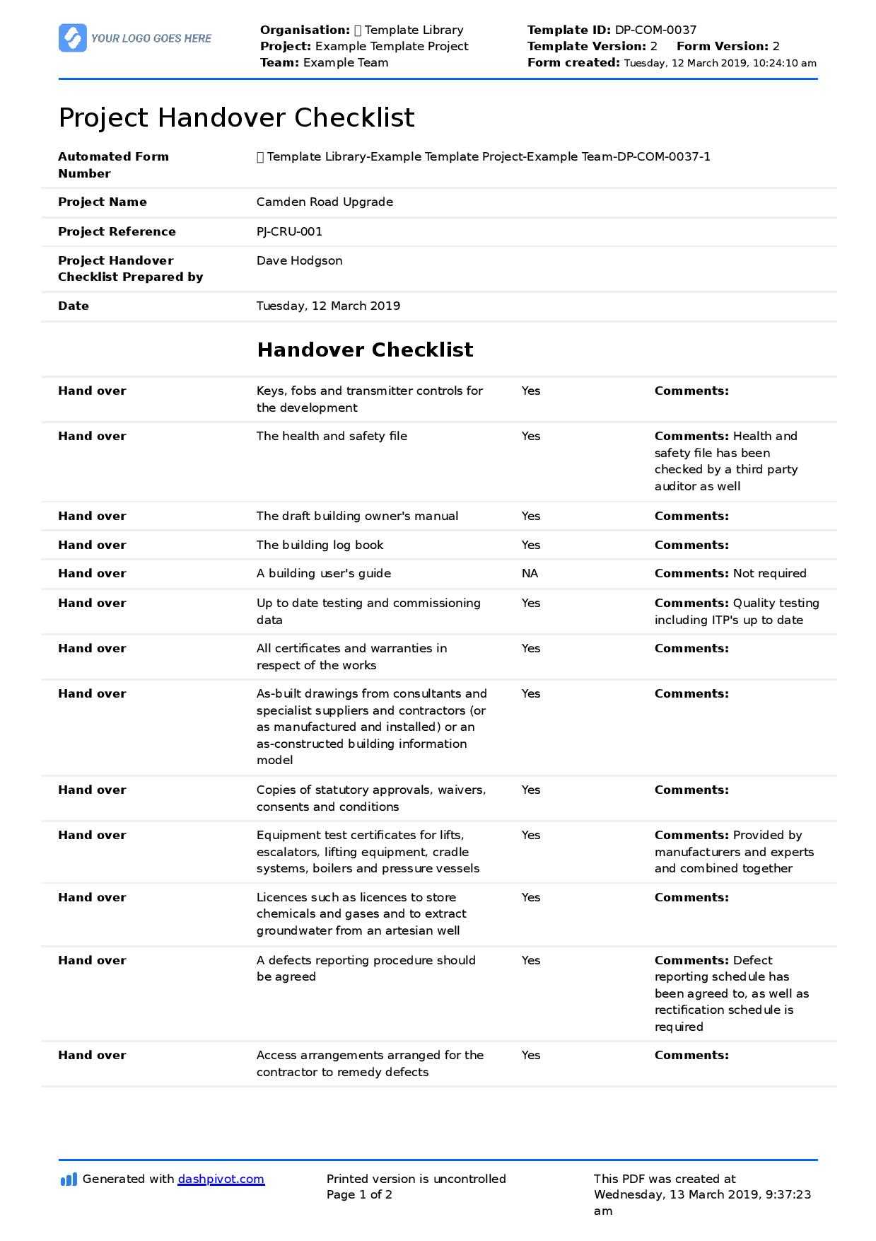 Construction Project Handover Document Sample To Use Or Copy For Handover Certificate Template