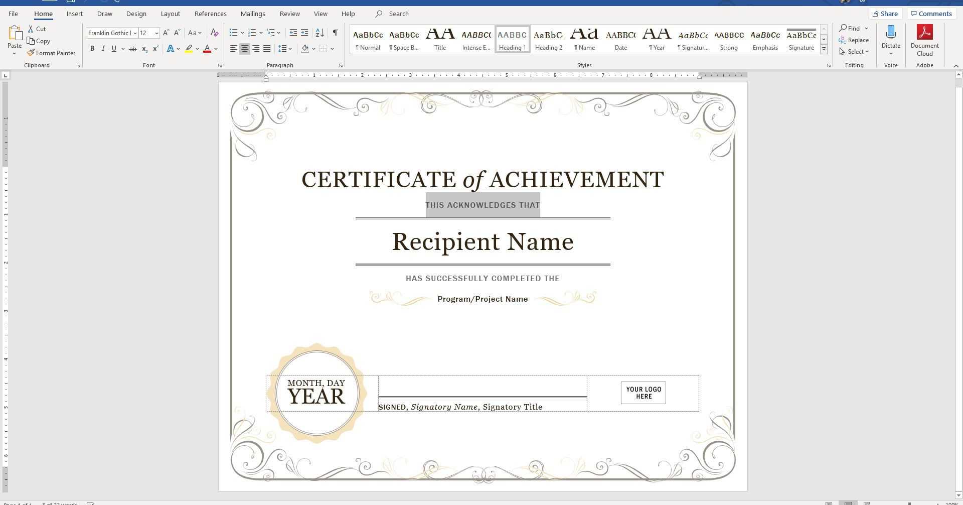 Create A Certificate Of Recognition In Microsoft Word Throughout Free Student Certificate Templates