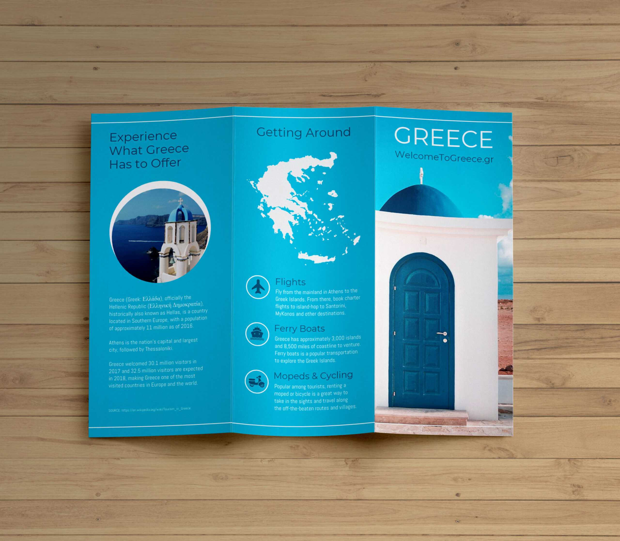 Creative Blue Greece Travel Trifold Brochure Idea Pertaining To Island Brochure Template