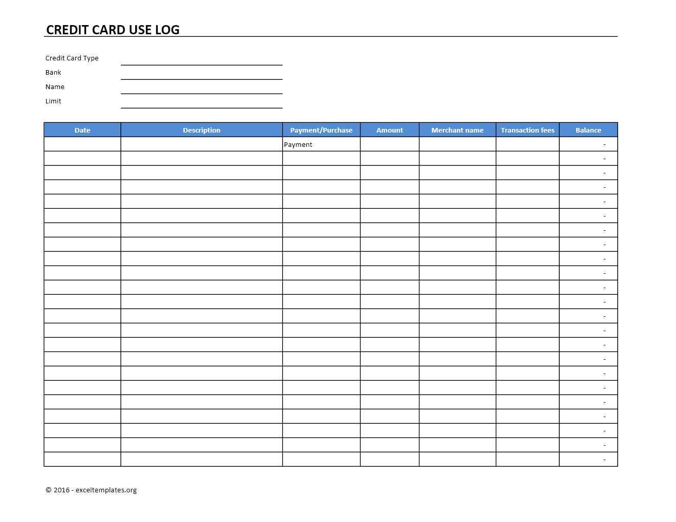 Credit Card Use Log Template » Exceltemplates Intended For Credit Card Payment Spreadsheet Template