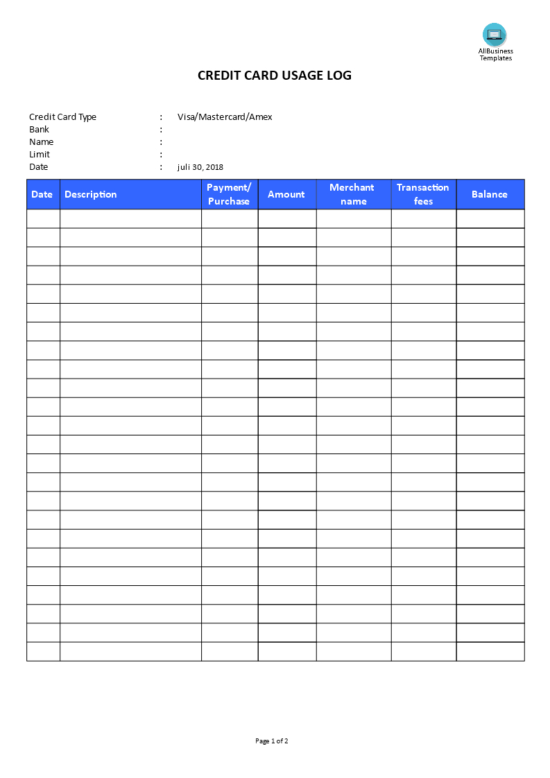 Credit Card Use Log | Templates At Allbusinesstemplates For Credit Card Payment Spreadsheet Template