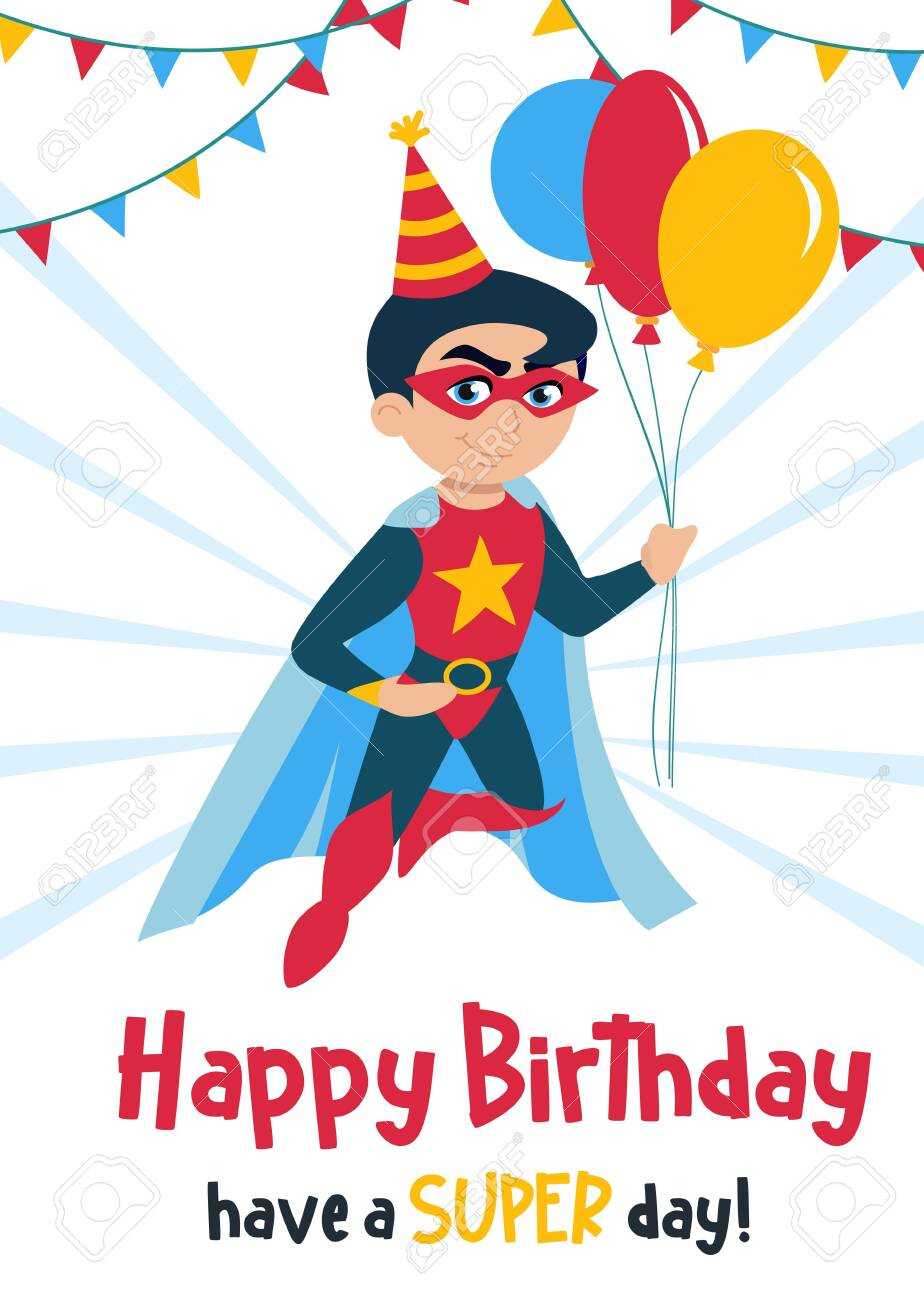 Cute Happy Birthday Greeting Card With Boy Vector Illustration Inside Superhero Birthday Card Template