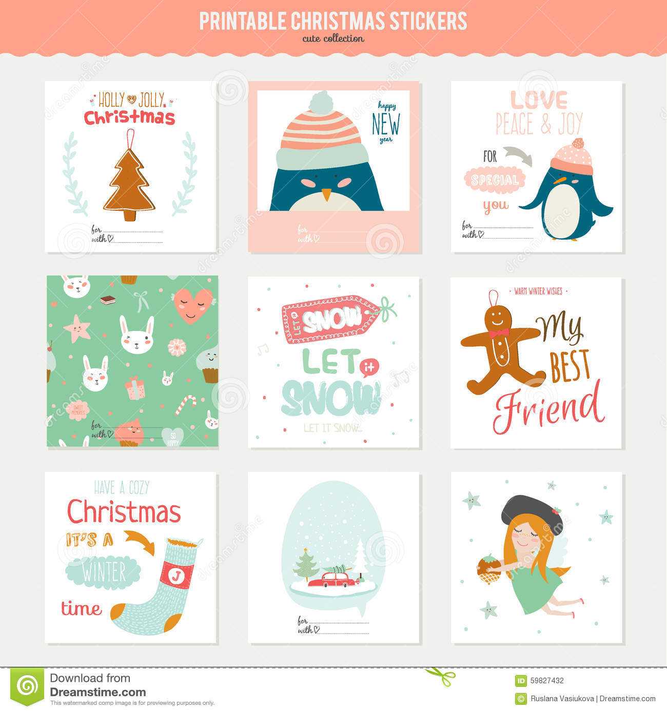 Cute Vector Christmas Cards And Stickers Stock Vector In Christmas Note Card Templates