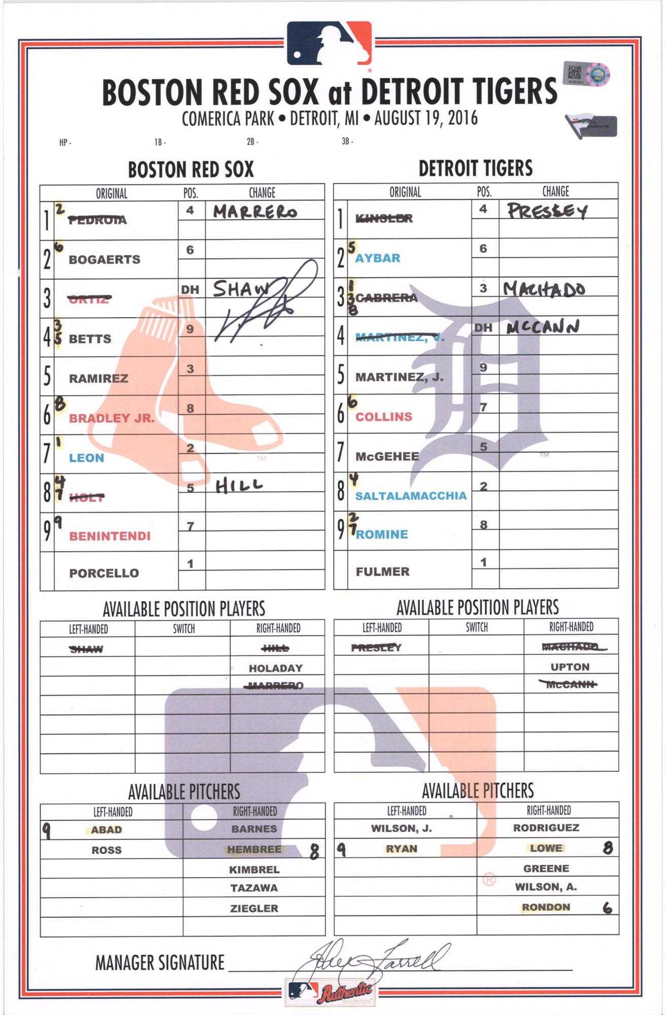 Details About David Ortiz Boston Red Sox Signed Gu Lineup Card Vs Tigers On  8/19/16 – Fanatics For Dugout Lineup Card Template