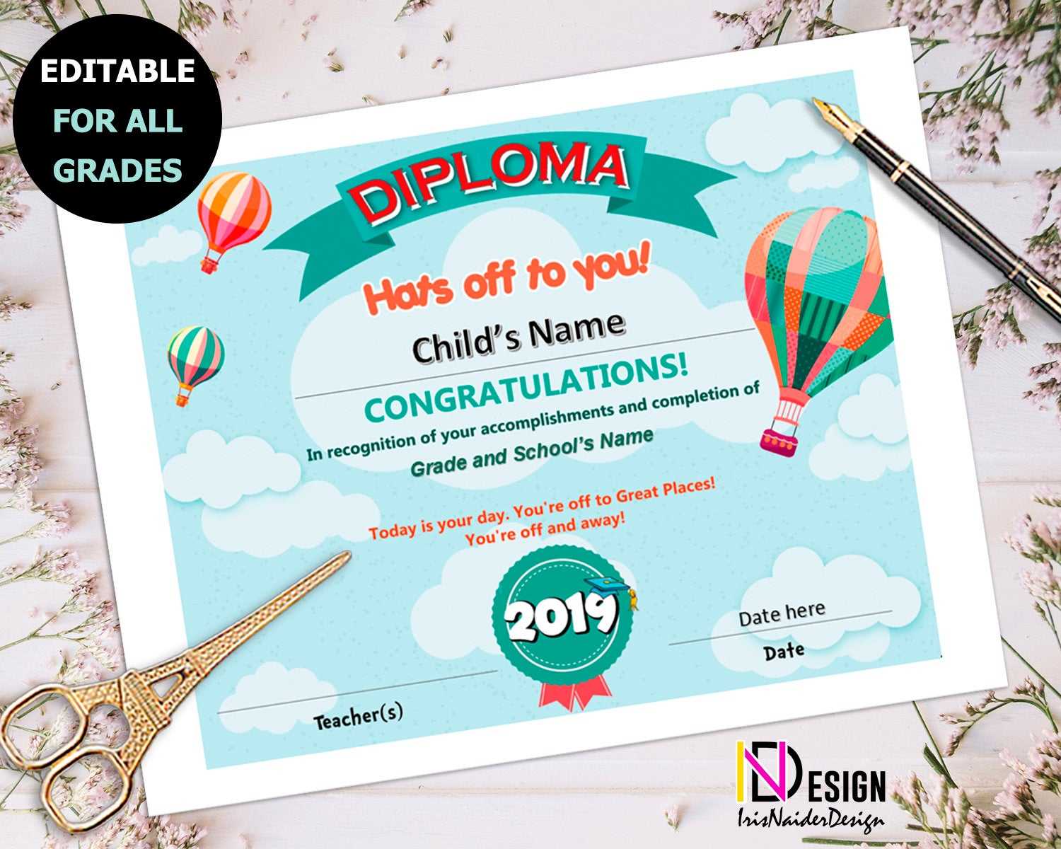 Diploma, Oh The Places You'll Go Inspired Certificate, Kindergarten, Pre K,  1St Grade, Graduation, 2Nd Grade, 3Rd Grade, 4Th Grade,5Th Grade With Regard To 5Th Grade Graduation Certificate Template